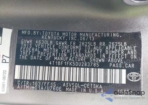2013 Toyota Camry Se z USA, uszkodzony, nr VIN 4T1BF1FK5DU283785